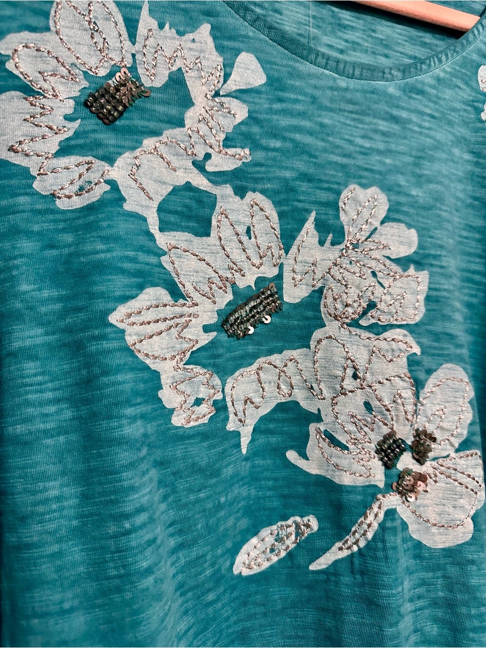 Chico's Teal Blue Floral Scoop Neck Long Sleeve Top - Picture 2 of 10